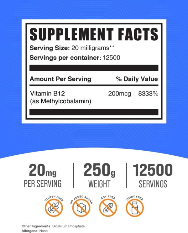 BulkSupplements.com Vitamin B12 Methylcobalamin Powder - 1% B12 Methylcobalamin, Essential B Vitamin - B12 Supplement, Gluten Free, 20mg per Serving, 250g (8.8 oz) (Pack of 1)