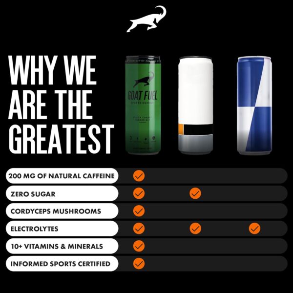 G.O.A.T. Fuel Energy Drink, Natural Caffeine, Electrolytes, BCAAs, Cordyceps Mushrooms & Antioxidants, Lightly Carbonated Pre Workout & Sports Energy Drink, 12-Pack, 12 fl oz, Black Cherry Ginger Ale