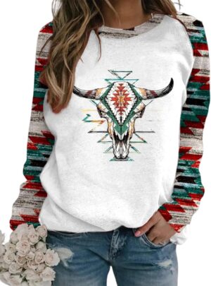 HOTYD Western Sweatshirts for Women Casual Long Sleeve Vintage Aztec Geometric Graphic Shirts Loose Crew Neck Pullover Tops
