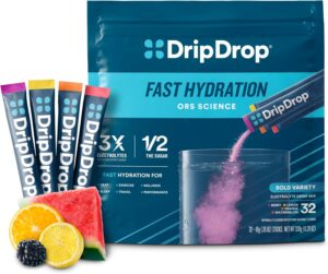 DripDrop Hydration - Bold Variety Pack - Electrolyte Drink Mix Single Serve Hydration Powder Packets - Watermelon, Berry, Lemon, Orange | Non-GMO, Gluten Free, Vegan | 32 Sticks