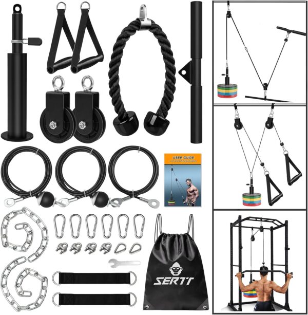 SERTT Weight Cable Pulley System Gym, Upgraded Cable Pulley Attachments for Gym LAT Pull Down, Biceps Curl, Tricep, Arm Workouts - Weight Pulley System Home Gym Add On Equipment
