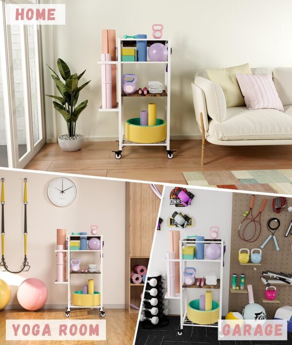 Yoga Mat Storage Rack with Wheels, 3 Tier Home Gym Workout Equipment Organizer for Dumbbells, Kettlebells, Foam Rollers