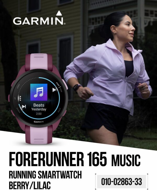 Wearable4U Garmin Forerunner 165 Music Running Smartwatch, Colorful AMOLED Touchscreen, Training Metrics and Recovery Insights Includes PowerPack +Adapters Bundle, Berry/Lilac