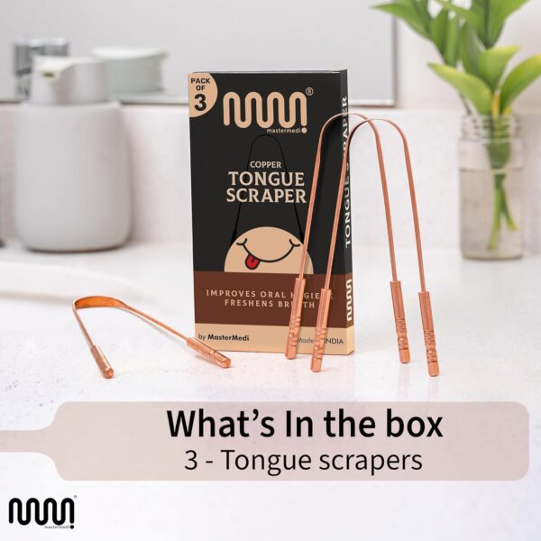 MasterMedi Pure Copper Tongue Scraper for Adults, Tongue Scrubber for Bad Breath, Easy to Use, Tongue Cleaner for Oral Care & Hygiene (Copper Pack of 3)