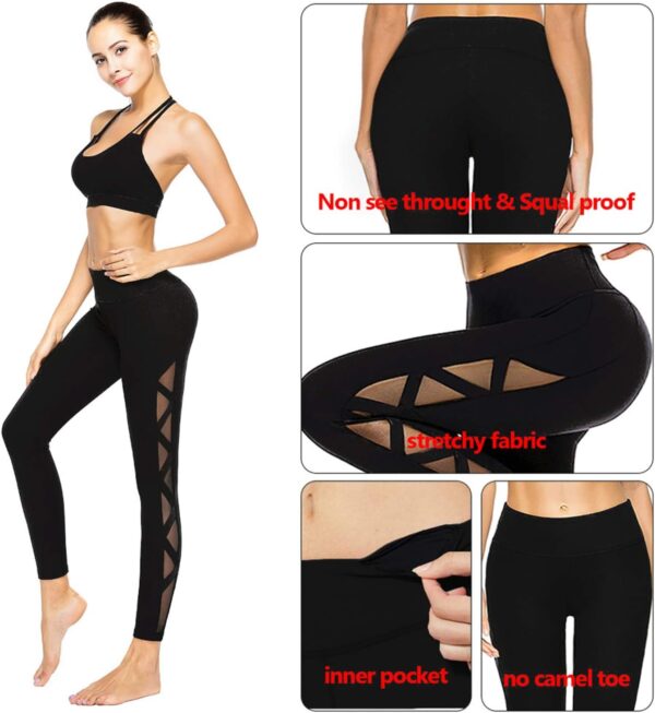 romansong Women's Mesh Leggings Yoga Pants with Pocket, Non See-Through Capri High Waisted Tummy Control 4 Way Stretch