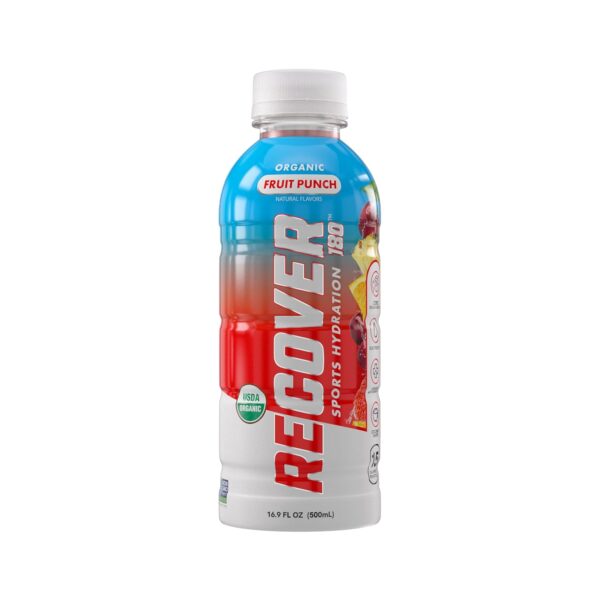 RECOVER 180 Organic Sports Hydration Drink, No Sugar Added, 15 Calorie Sports Beverage, Organic Flavors With Vitamins, Potassium-Packed Electrolytes (16.9 Fl Oz (Pack of 12), Fruit Punch)