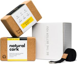 Luxury Cork Yoga Block Set - Extra Large Yoga Blocks with Performance Grade Portuguese Cork | High Density, Non-Slip Support for Safer Balancing | 2 Pack | Extra Long Yoga Strap Included