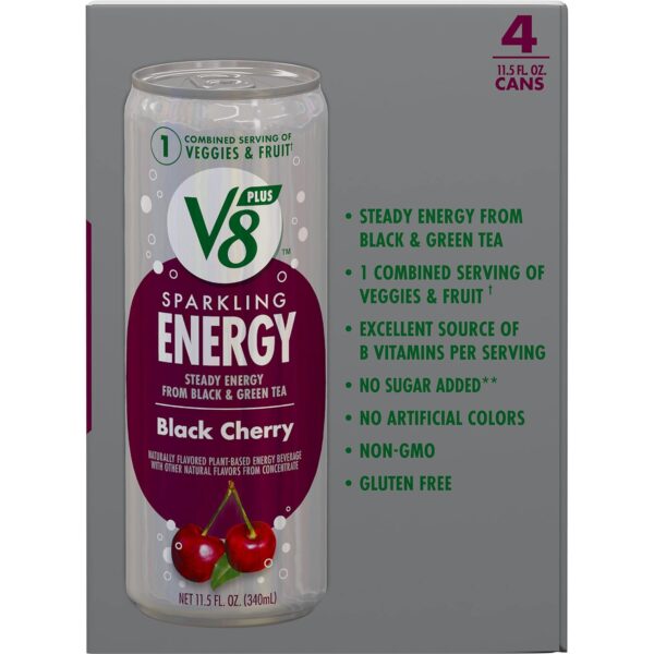 V8 +SPARKLING ENERGY Black Cherry Energy Drink, Made with Real Vegetable and Fruit Juices, 11.5 FL OZ Can 4 Count (Pack of 6)
