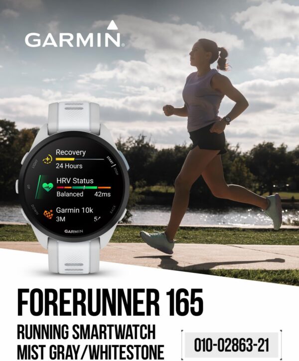 Garmin Forerunner 165 Running Smartwatch, Colorful AMOLED Touchscreen, Training Metrics and Recovery Insights Includes Wearable4U PowerPack +Adapters Bundle, Mist Gray/Whitestone