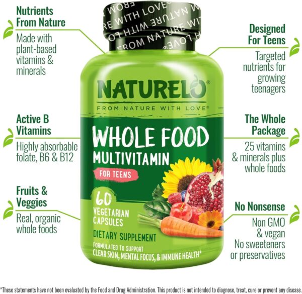 NATURELO Whole Food Multivitamin for Teens - Vitamins and Minerals for Teenage Boys and Girls - Supplement for Active Kids - with Organic Whole Foods - Non-GMO - Vegan & Vegetarian - 60 Capsules