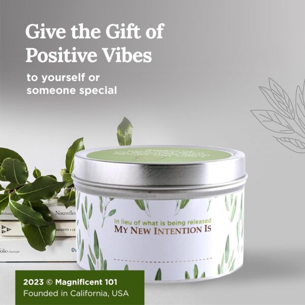 Magnificent 101 Sage Leaf Energy Cleansing Candle in 6-oz. Tin Holder: 100% Natural Soy Wax with Pure White Sage Leaves & Essential Oils for Smudging and Intention Setting; Great Housewarming Gift