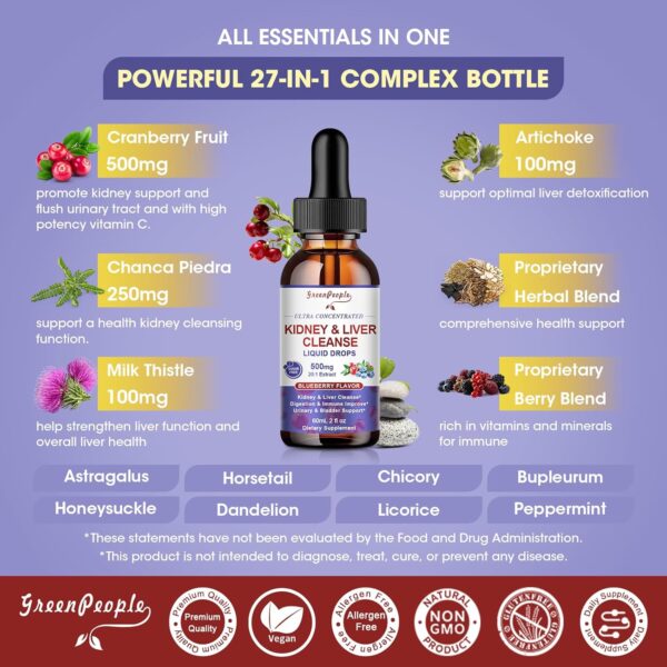Kidney Cleanse Detox & Repair Drops - 500 mg Cranberry 20:1 Extract & 2,50 mg Chanca Piedra for Urinary Tract & Kidney - 27-in-1 Vegan Kidney Support Supplement - Vegan Non-GMO