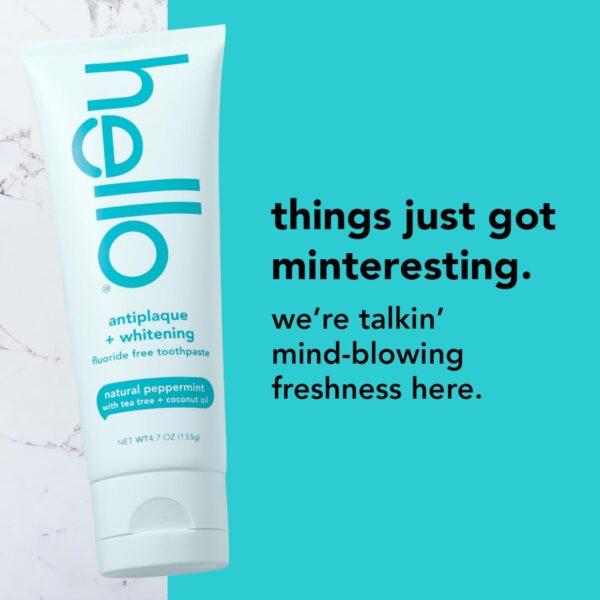 Hello Antiplaque Toothpaste, Fluoride Free for Teeth Whitening with Natural Peppermint Flavor and Tea Tree Oil, Peroxide Free, Gluten Free, SLS Free, 3 Pack, 4.7 OZ Tubes