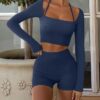 LASLULU Womens Sexy Square Neck Crop Top Ribbed Seamless Long Sleeve Workout Tops Halter Neck Athletic Yoga