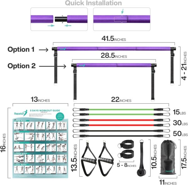 Pilates Bar Kit with Resistance Bands - Home Gym Equipment - Workout Equipment for Women and Men - Pilates Equipment with Adjustable Resistance Bands