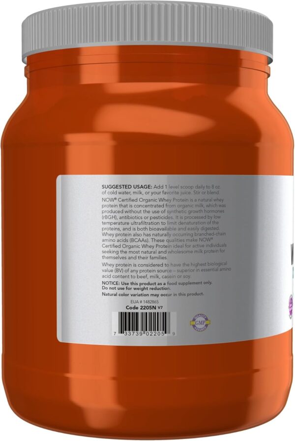 NOW Foods Sports Nutrition, Certified Organic Whey Protein 19 g, Unflavored Powder, 1-Pound