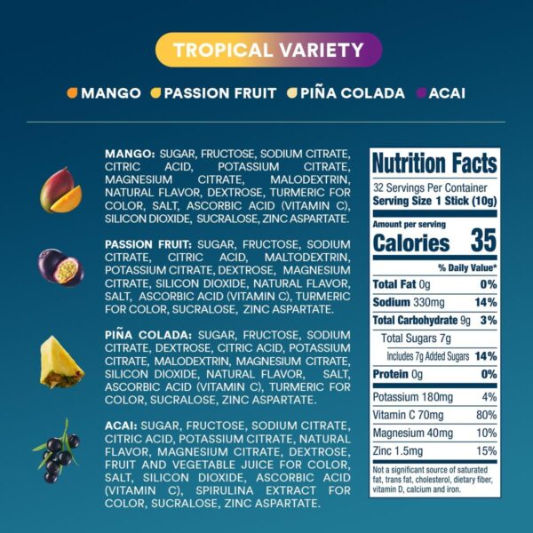 DripDrop Hydration - Tropical Variety Pack - Electrolyte Drink Mix Single Serve Hydration Powder Packets - Mango, Açaí, Passion Fruit, Piña Colada | Non-GMO, Gluten Free, Vegan | 32 Sticks