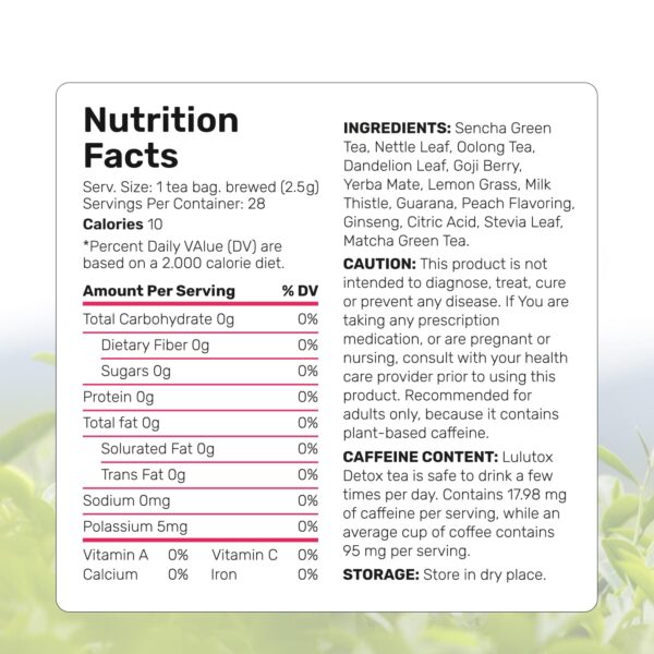 Detox Tea - Herbal Blend with Dandelion, Ginseng, and Ginger - Supports A Healthy Weight, Digestive Health - Vegan, All Natural, Laxative-Free - Peach Flavor (28 Servings)