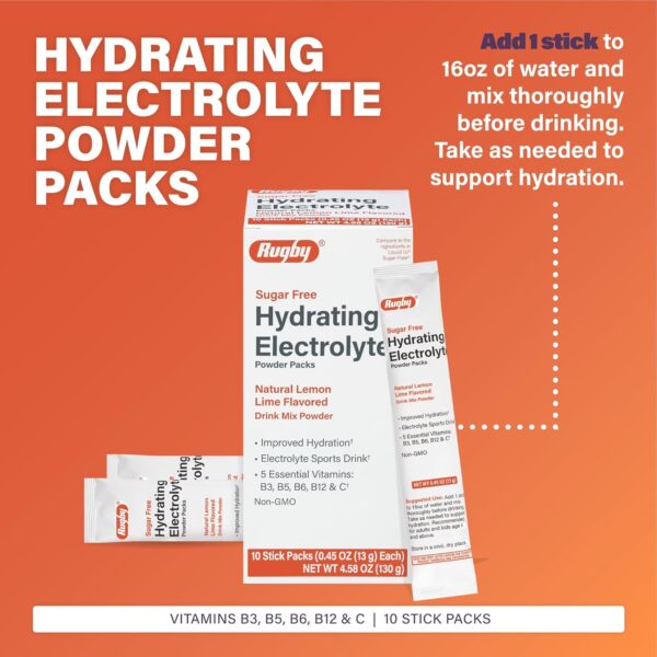 Rugby Sugar-Free Hydrating Electrolyte Powder Packs - Drink Mix Powder Packets with 5 Vitamins - Improved Hydration - Natural Lemon-Lime Flavor - 10 Stick Packs - 0.45 Oz Each (1 Pack)