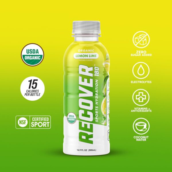 RECOVER 180 Organic Sports Hydration Drink, No Sugar Added, 15 Calorie Sports Beverage, Organic Flavors With Vitamins, Potassium-Packed Electrolytes (16.9 Fl Oz (Pack of 12), Lemon Lime)
