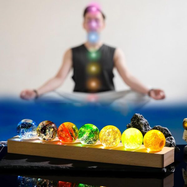 Ornalrist 7 Chakra Natural Healing Spheres with Wooden LED Light Base Crystal Quartz Ball for Meditation Positive Energy Night Light Home Decor
