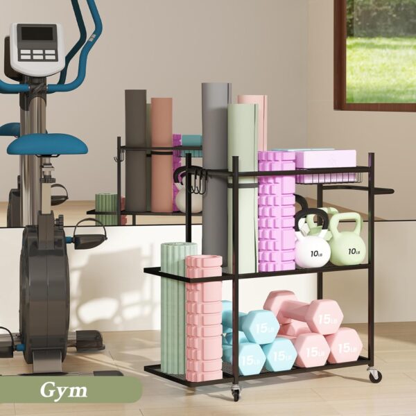 Hadulcet Yoga Mat Storage Rack, Stable Home Gym Storage for Dumbbells, Kettlebell, Workout Equipment Storage Organizer with Removable Hooks, Yoga Mat Holder for Easy to Move