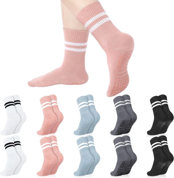 Jspupifip 10 Pairs Pilates Socks with Grips for Women, Pilates Crew Socks Bulk Non Slip Yoga Socks Home Hospital Grippy Socks for Yoga Pilates Barre Workout