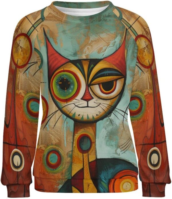 ZOCAVIA Women's Y2K Art Cat Sweatshirts Fall Abstract Cat Graphic Pullover Tops Long Sleeve Oil Painting Cat Printed T Shirts