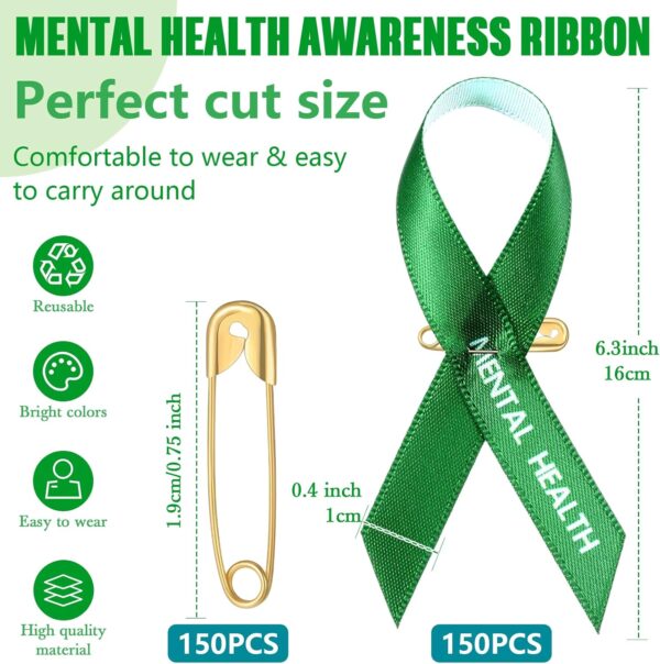 Hanaive 150 Pcs Mental Health Awareness Ribbons Green Satin Fabric Ribbons with Safety Pins Mental Health Awareness Items for Charity Public Social Event Welfare Supplies
