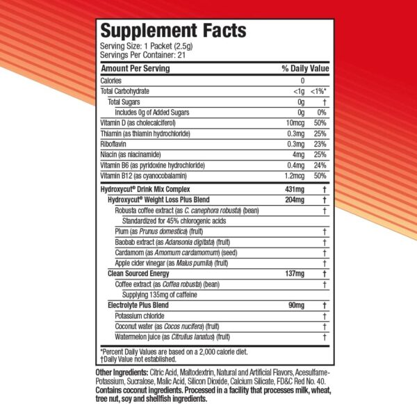 Hydroxycut Drink Mix, Wildberry Blast - 21 Travel-Size Packets - Zero Calories, Zero Sugar - Boost Metabolism, Burn Calories, Increase Energy - For Women & Men