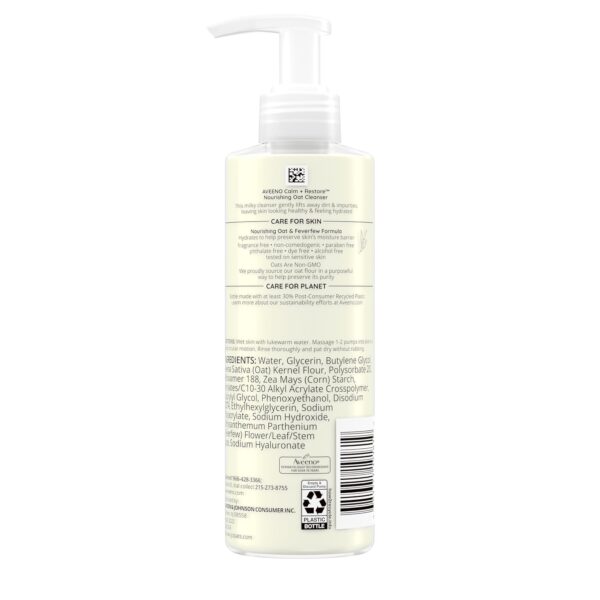 Aveeno Calm + Restore Facial Cleanser for Sensitive Skin, Hydrating Gentle Milky Face Cleanser with Nourishing Oat and Feverfew, Hypoallergenic Formula, Fragrance Free, 7.8 FL OZ