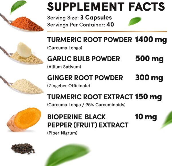 4-in-1 Turmeric and Garlic Supplements with Bioperine 2360 mg Turmeric Ginger Root Capsules with Garlic for Joint, Digestion & Immune Support (120 ct)