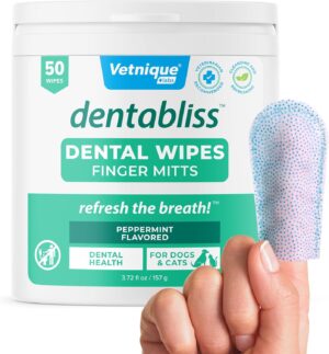 Vetnique Labs Dentabliss - Dog Teeth Cleaning Finger Mitt Dental Wipe - Dog Plaque & Tartar Prevention with Brushing Beads - Flavored Dog Teeth Wipes, Dog Breath Freshener (Peppermint)