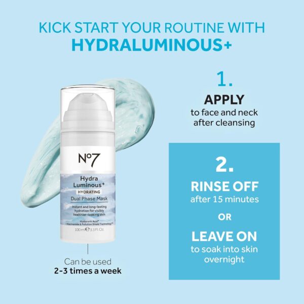 71D-UNBRDLL._SL1500_.jpg No7 HydraLuminous+ Hydrating Dual Phase Face Mask - Hyaluronic Acid Overnight Face Mask with Vitamin B3 Niacinamide for Skin Barrier Repair & Radiant-Looking Skin (3.5 Fl Oz)
