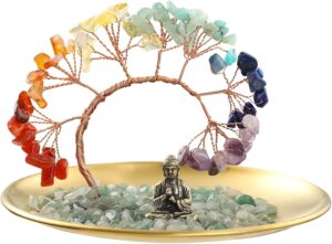 7 Chakra Crystal Tree - Buddha Statue Money for Wealth and Luck Yoga Meditation Home Decor Shelf Accents, Living Room Bedroom Office Decoration, Bookshelf Decor, TV Stand