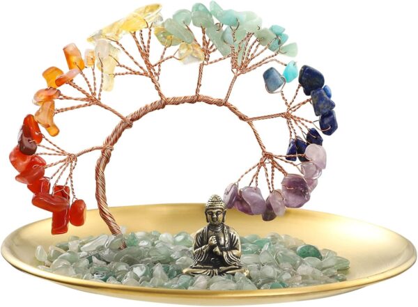 7 Chakra Crystal Tree - Buddha Statue Money for Wealth and Luck Yoga Meditation Home Decor Shelf Accents, Living Room Bedroom Office Decoration, Bookshelf Decor, TV Stand