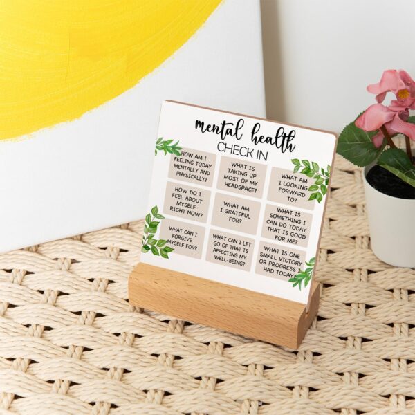 Mental Health Inspirational Gift, Positive Self Affirmations Wooden Sign, Mental Health Check in Wood Sign with Wooden Stand, Cheer Up Gifts for Psychologist School Counselor Student Boy Girl