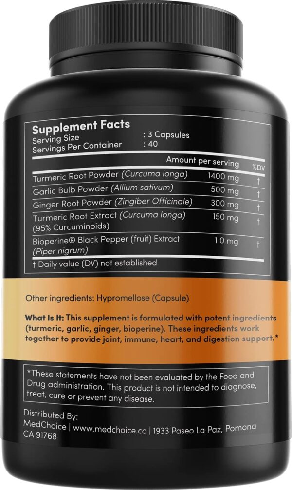 4-in-1 Turmeric and Garlic Supplements with Bioperine 2360 mg Turmeric Ginger Root Capsules with Garlic for Joint, Digestion & Immune Support (120 ct)