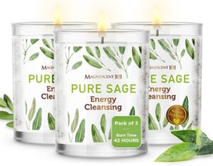 Magnificent 101 Set of 3 Long Lasting Pure Sage Smudge Candles - 42-Hour Burn, 3.5 Oz Each, Soy Wax, Sage Cleansing for House Energy, Meditation & Manifestation