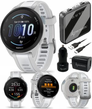 Garmin Forerunner 165 Running Smartwatch, Colorful AMOLED Touchscreen, Training Metrics and Recovery Insights Includes Wearable4U PowerPack +Adapters Bundle, Mist Gray/Whitestone