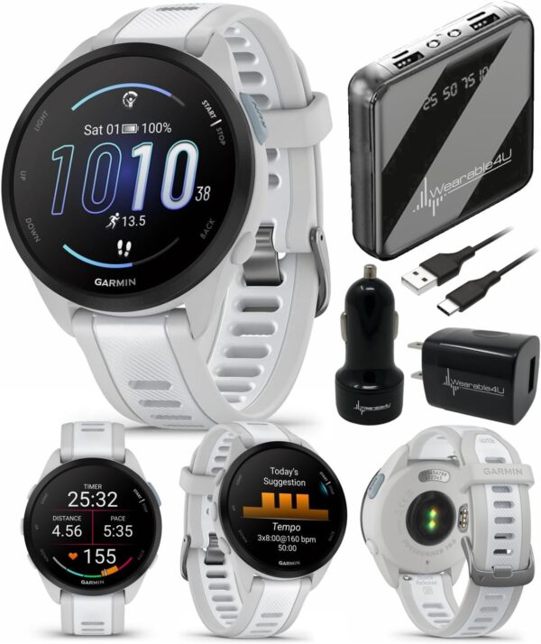 Garmin Forerunner 165 Running Smartwatch, Colorful AMOLED Touchscreen, Training Metrics and Recovery Insights Includes Wearable4U PowerPack +Adapters Bundle, Mist Gray/Whitestone