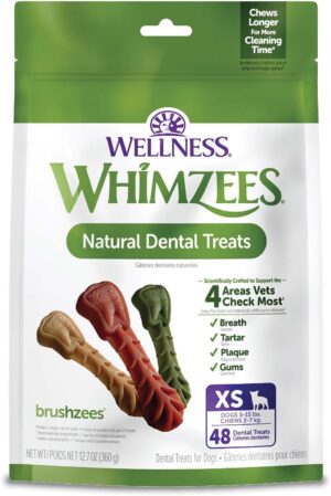 Wellness WHIMZEES Brushzees Dog Dental Treats, Natural Chews, Extra Small Size Stick, (48 Count)
