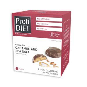 ProtiDIET Caramel and Sea Salt Collagen Crispy Bites - Gluten free, Low Sugar, No Trans Fat - Great On-The-Go High Protein Healthy Snacks for Adults with Essential Nutrients - 7 Protein Clusters Per Box