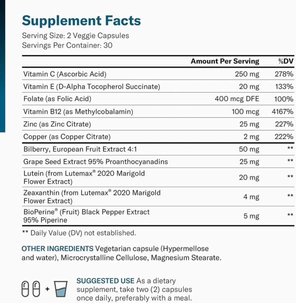 Areds 2 Eye Vitamins - Lutein, Zeaxanthin & Bilberry Extract - Supports Eye Strain, Dry Eyes, and Vision Health - 2 Award-Winning Clinically Proven Eye Vitamin Ingredients - Carotenoid Blend