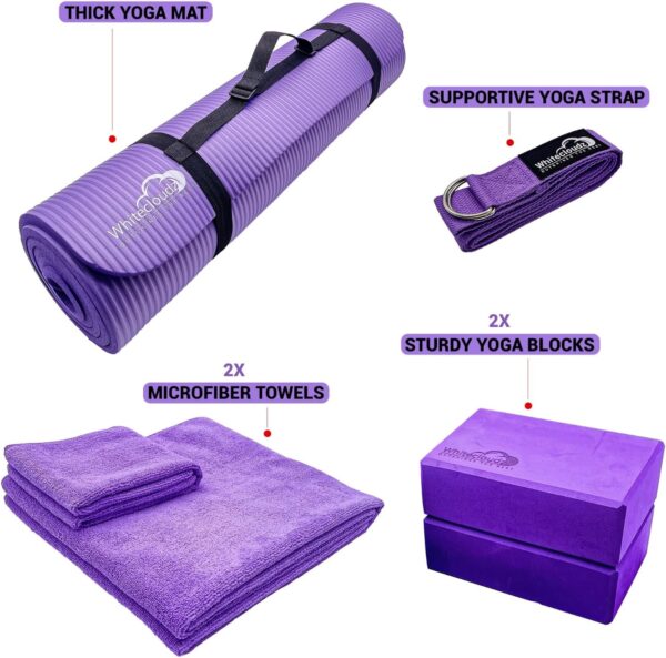 WHITECLOUDZ Yoga kit, 7-Piece Yoga Mat Set for Home Workouts, Thick Yoga Mat, Yoga Blocks, Strap, Yoga Towels & Carrying Bag, Exercise Mat with Yoga Equipment for Women & Men, Enhance Yoga Practice