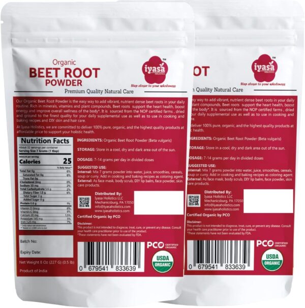 Iyasa Organic Beet Root Powder, Plant Based, Vegan, Gluten-Free, Beetroot Superfood, Nitric Oxide Boost, Pre Post Workout Supplement, Baking and Cooking 1 lb 16 oz 453 gm