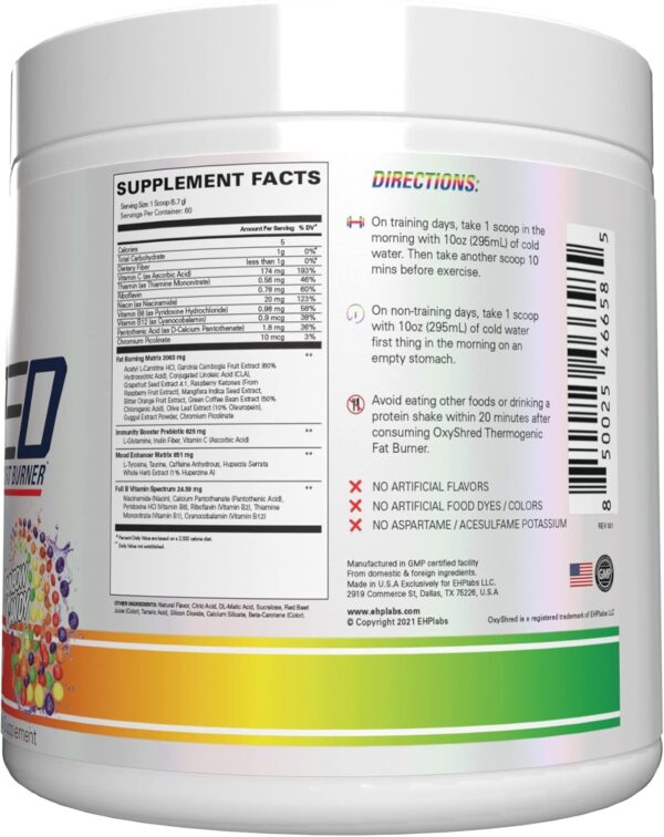 EHP Labs OxyShred Pre Workout Powder - Preworkout Powder with L Glutamine & Acetyl L Carnitine, Energy Boost Drink - Rainbow Candy, 60 Servings