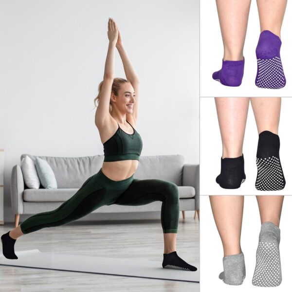 Yoga Socks with Grips for Women Non Slip Pilates Socks Anti Skid Grippy Ankle Athletic Socks 3 Pairs