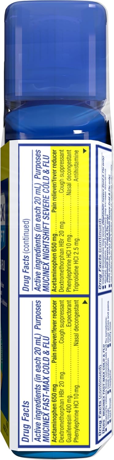 Mucinex Fast-Max Cold and Flu & Nightshift Severe Cold and Flu Medicine for Adults, Over-the-Counter Medication Combo Pack for Sore Throat Relief, Decongestant, Cough & Cold Medicines, 2 x 6 Fl Oz