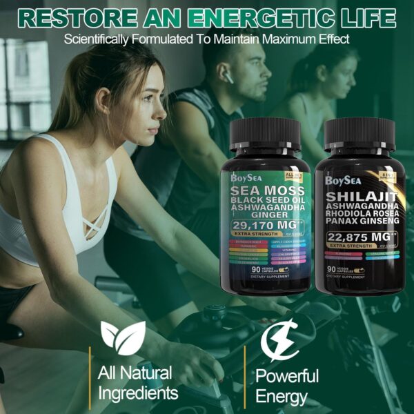Boysea.Shilajit and Sea Moss Bundle- 90 Count - Sea Moss 7000mg, Black Seed Oil 4000mg, Ashwagandha 2000mg, Ginger & Shilajit 9000mg, Rhodiola Rosea 1000mg, All in 1 Supplements (1 Pack)